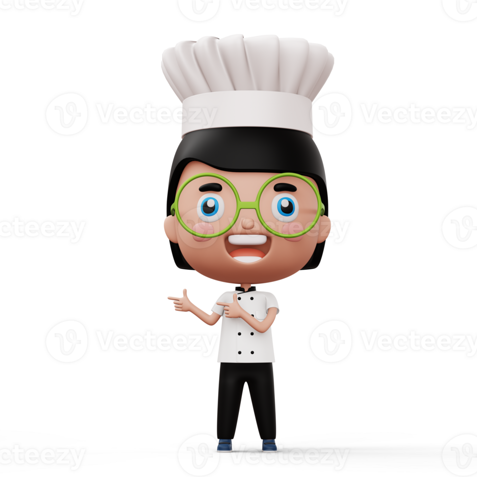 Happy kid chef wearing chef uniform pointing finger, 3d rendering png