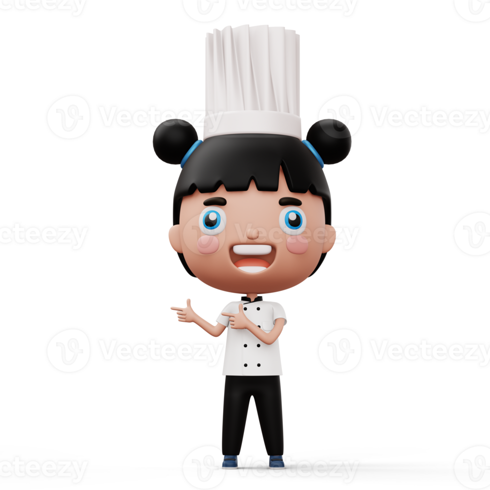Happy kid chef wearing chef uniform pointing finger, 3d rendering png