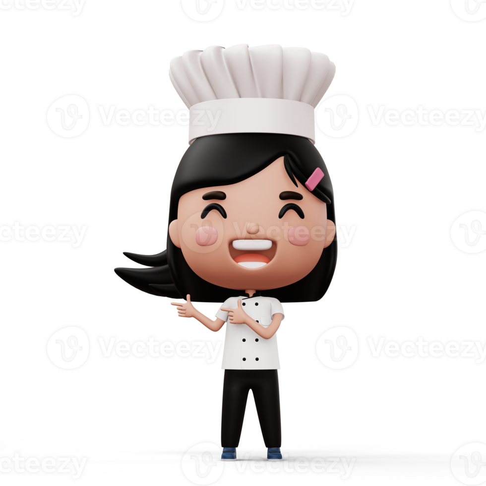 Happy kid chef wearing chef uniform pointing finger, 3d rendering png