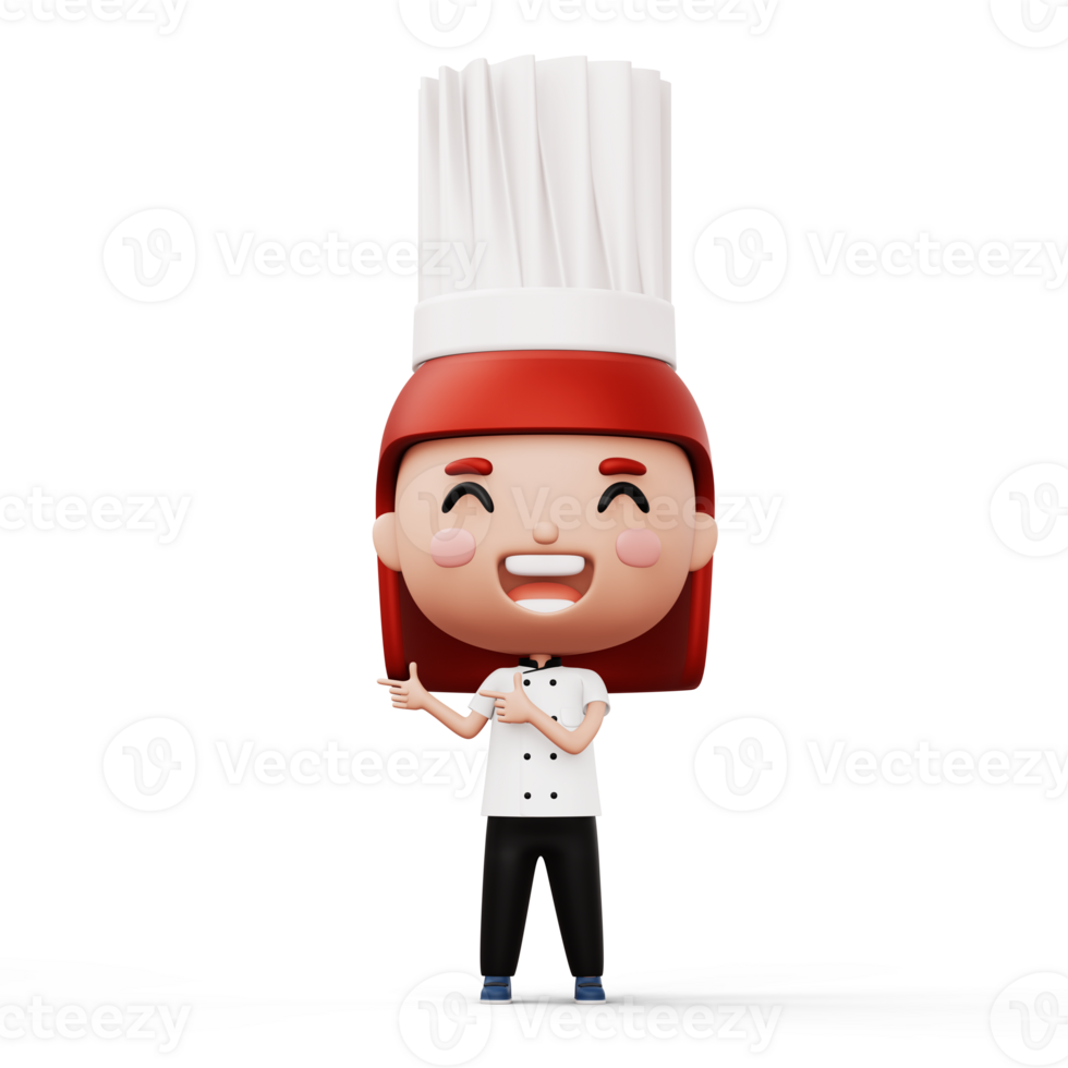 Happy kid chef wearing chef uniform pointing finger, 3d rendering png