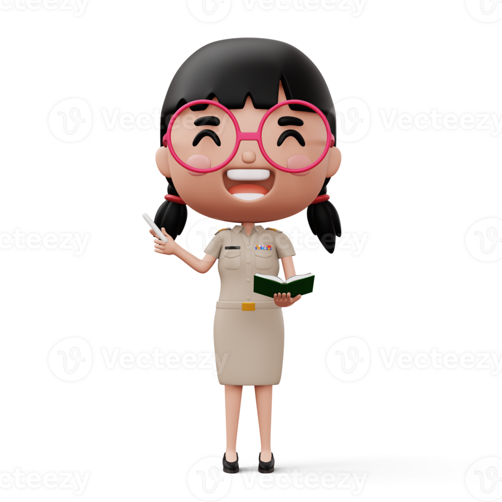 Happy thai teacher wearing civil servant uniform holding a white chalk and a book, 3d rendering png