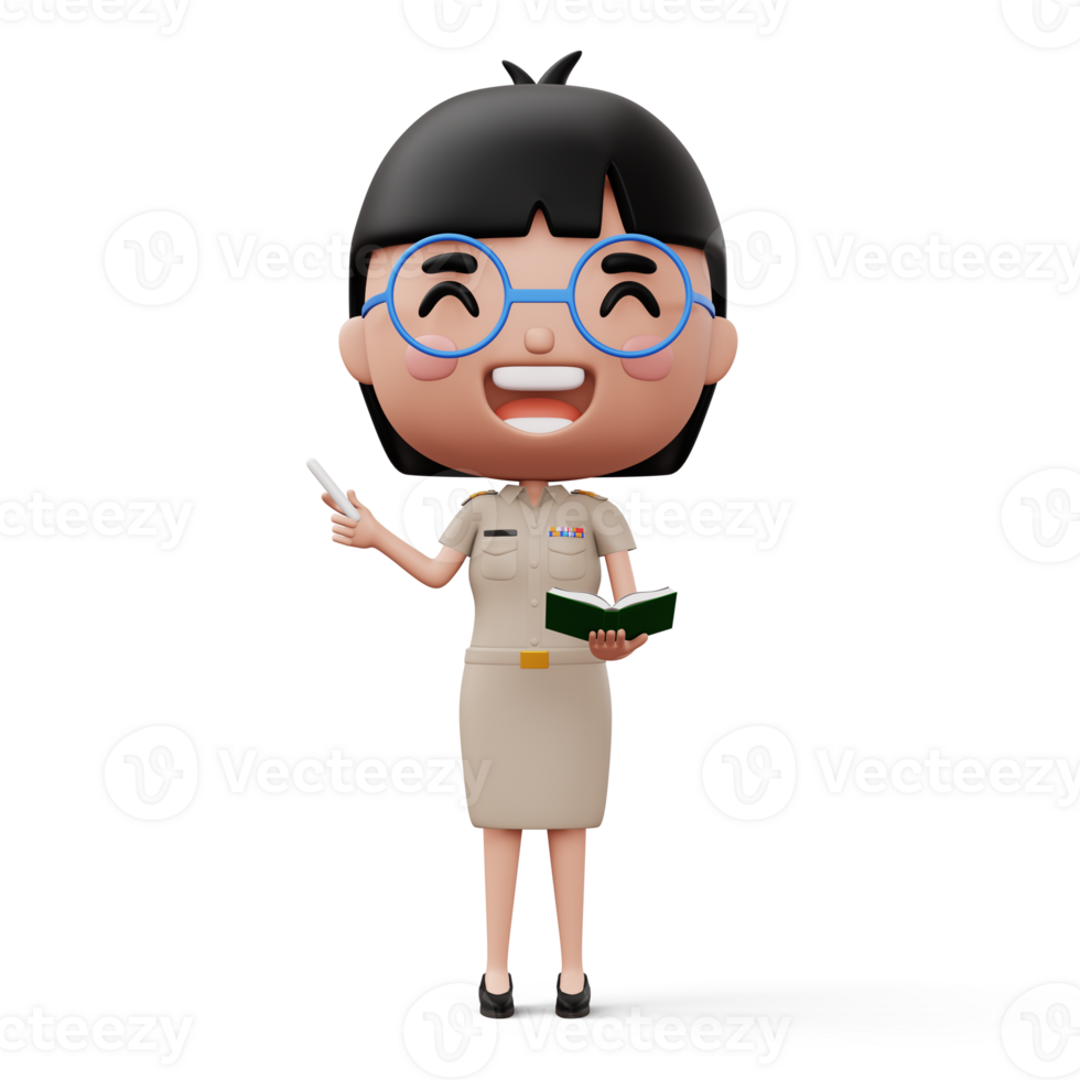 Happy thai teacher wearing civil servant uniform holding a white chalk and a book, 3d rendering png