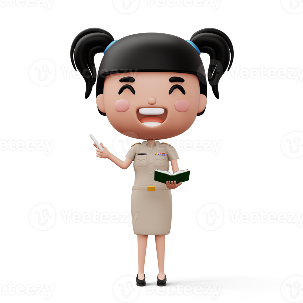 Happy thai teacher wearing civil servant uniform holding a white chalk and a book, 3d rendering png