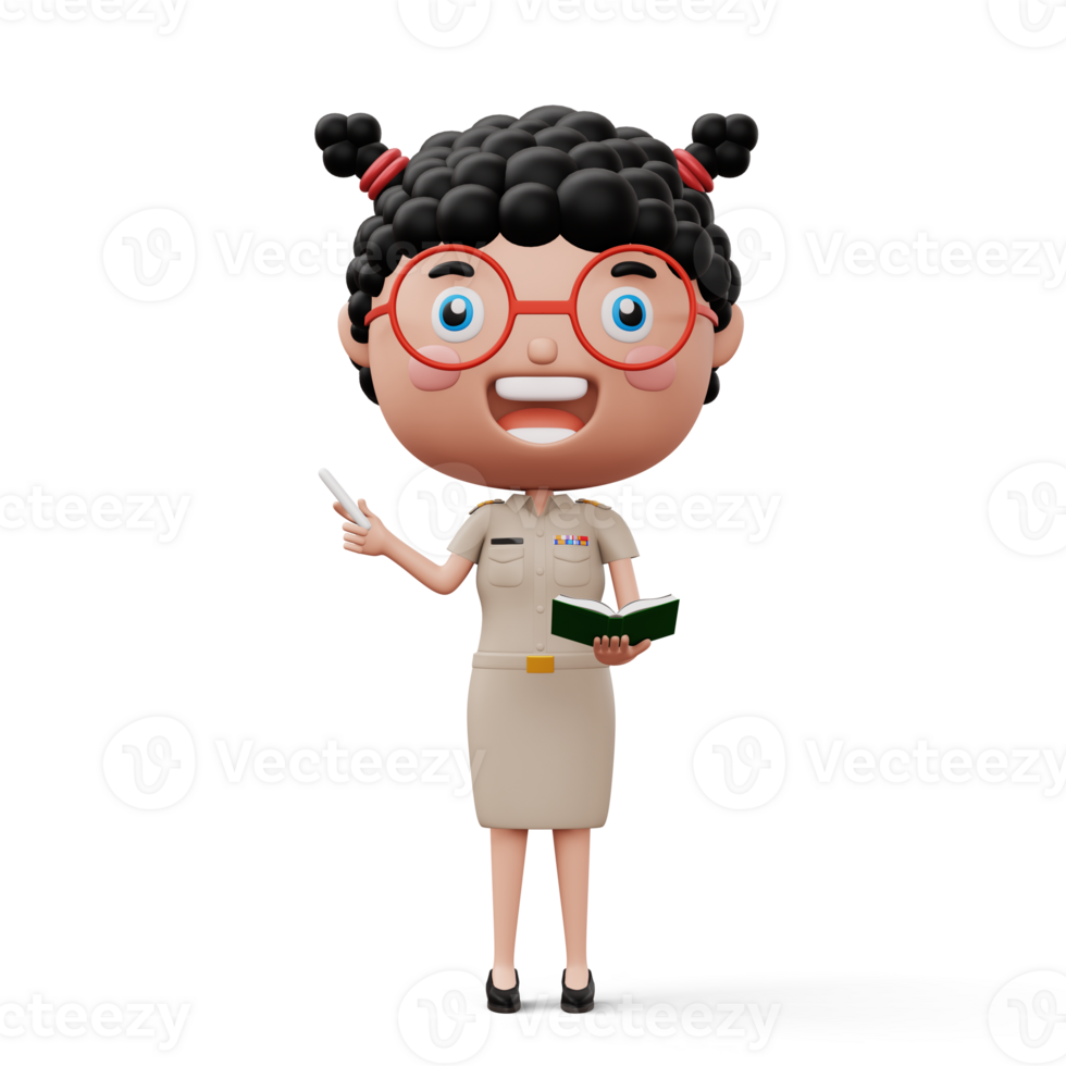 contento tailandés profesor vistiendo civil servidor uniforme participación un blanco tiza y un libro, 3d representación png