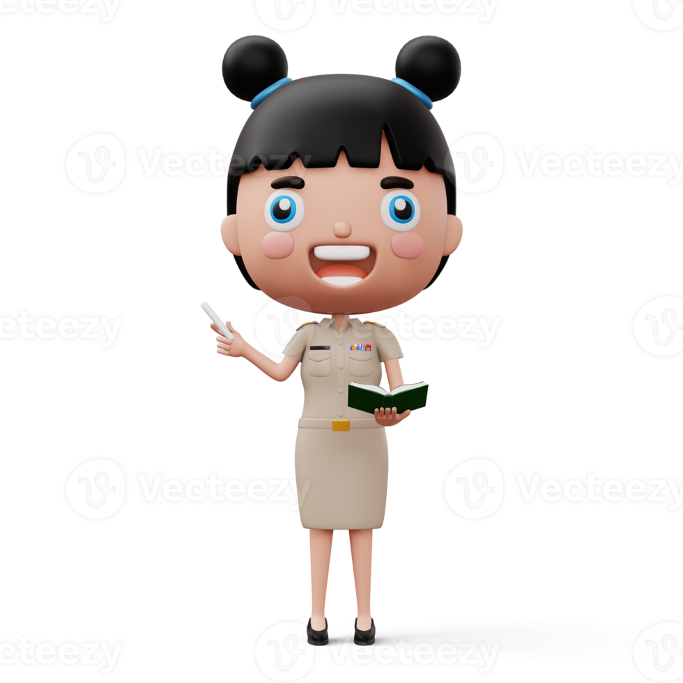 Happy thai teacher wearing civil servant uniform holding a white chalk and a book, 3d rendering png