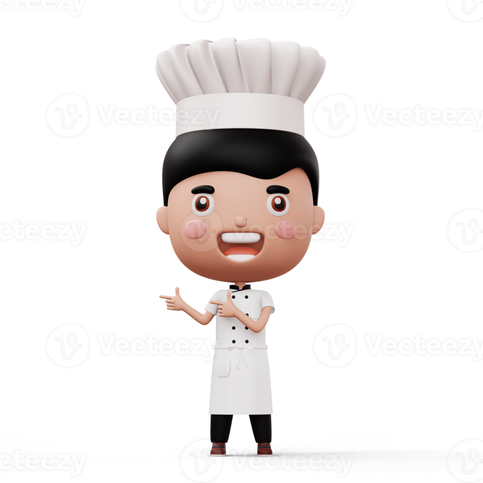 Happy kid chef wearing chef uniform pointing finger, 3d rendering png