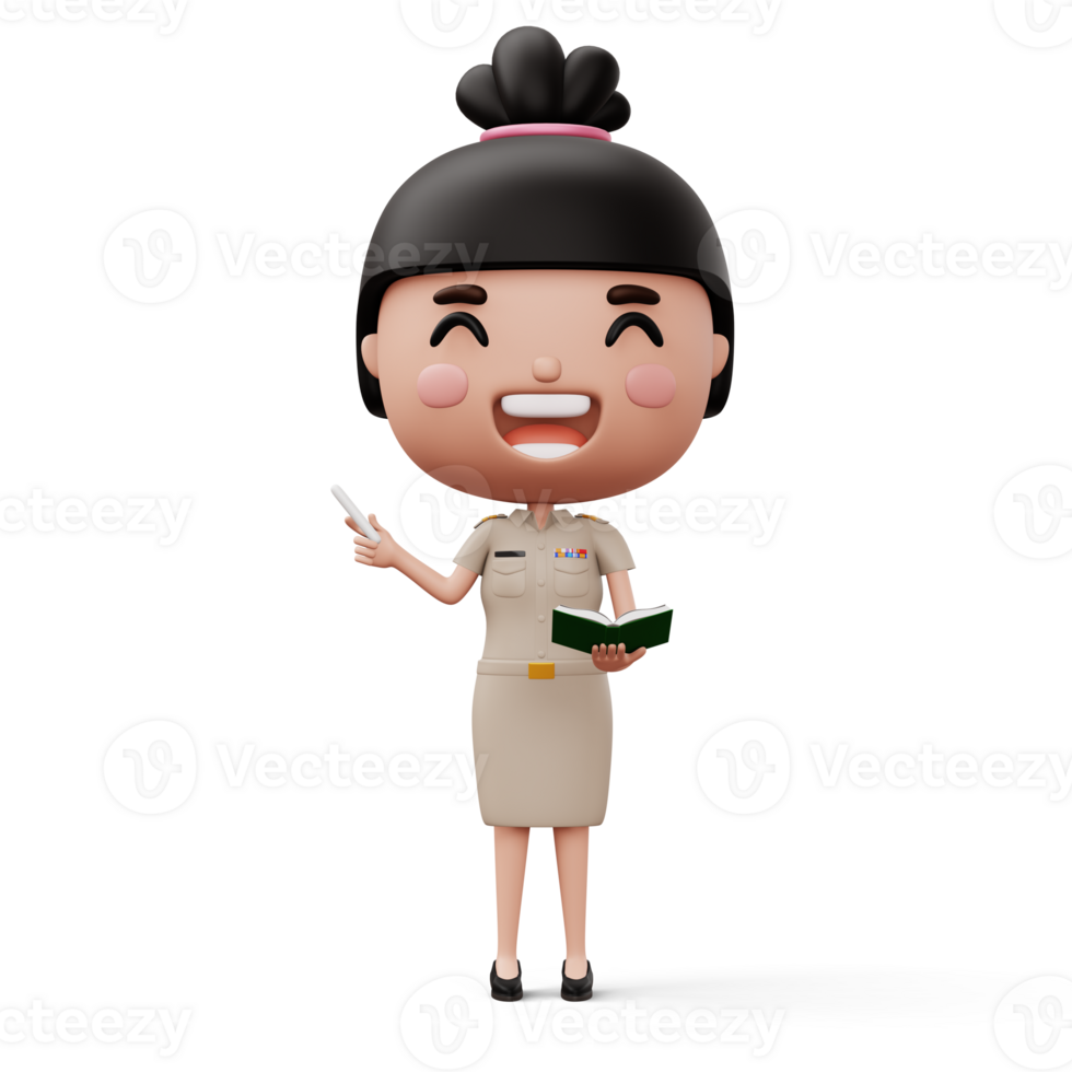 Happy thai teacher wearing civil servant uniform holding a white chalk and a book, 3d rendering png