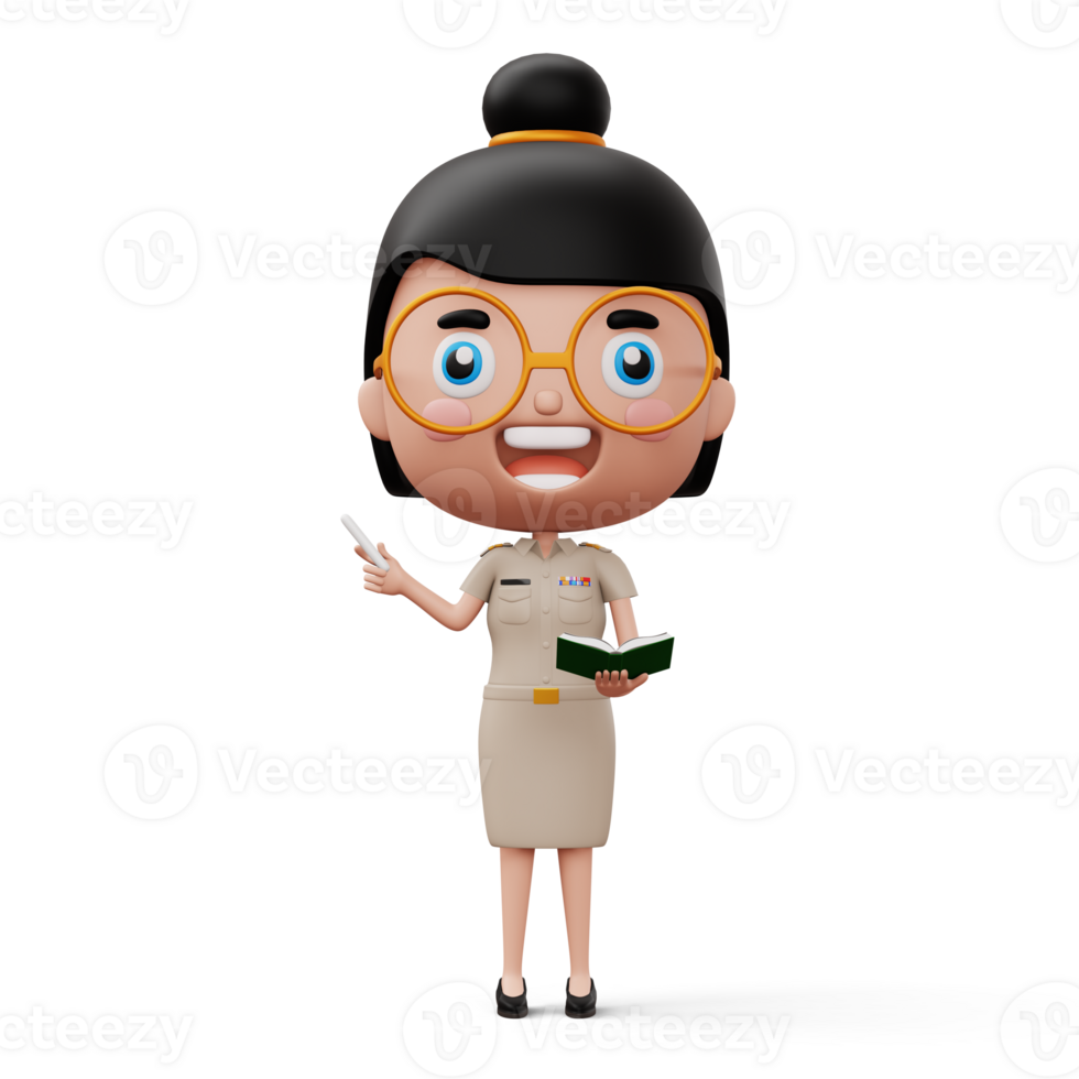 Happy thai teacher wearing civil servant uniform holding a white chalk and a book, 3d rendering png