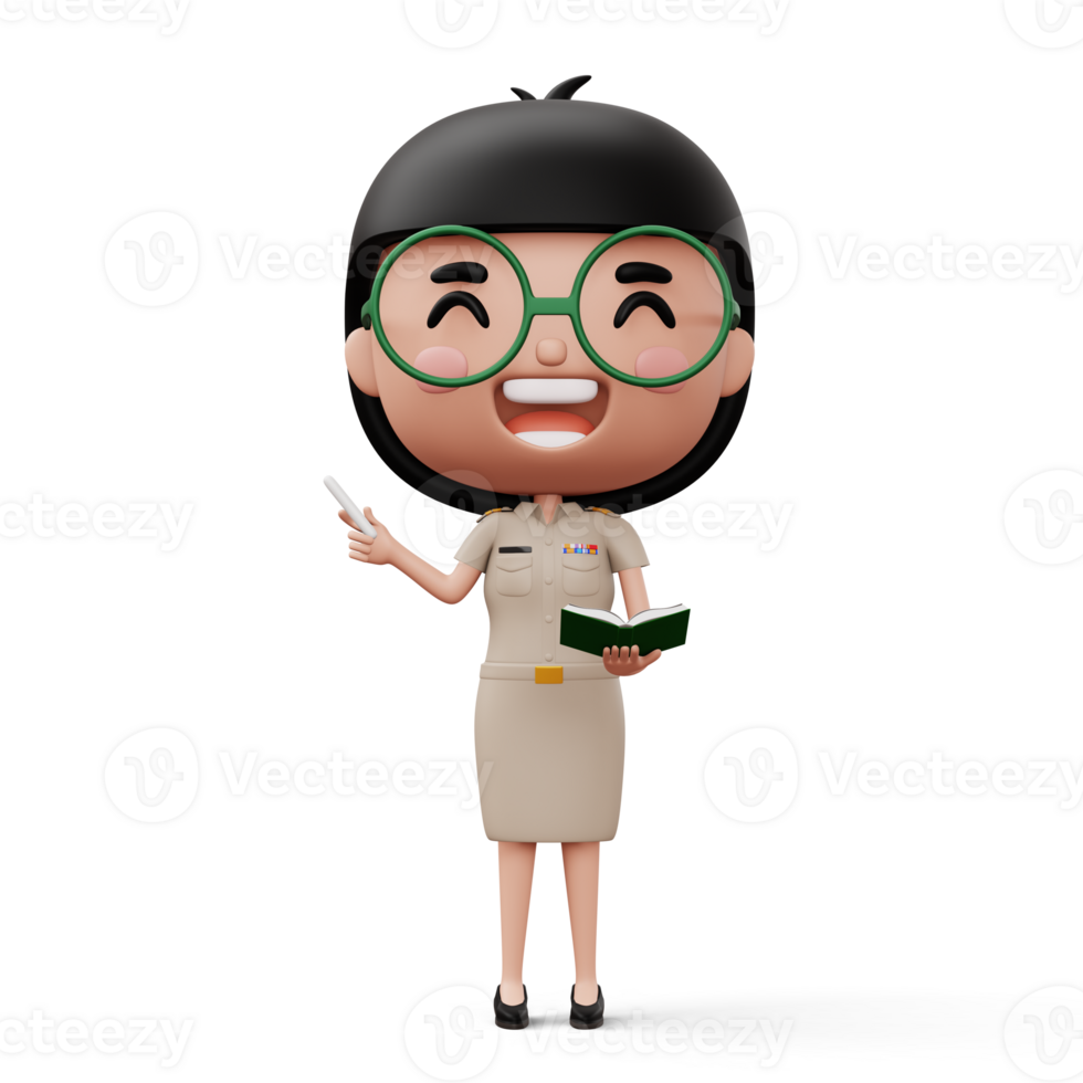 Happy thai teacher wearing civil servant uniform holding a white chalk and a book, 3d rendering png