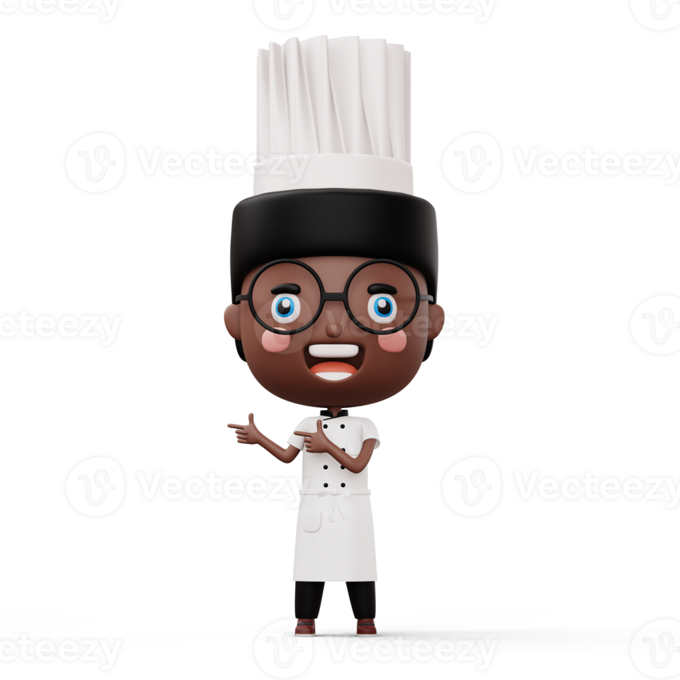 Happy kid chef wearing chef uniform pointing finger, 3d rendering png