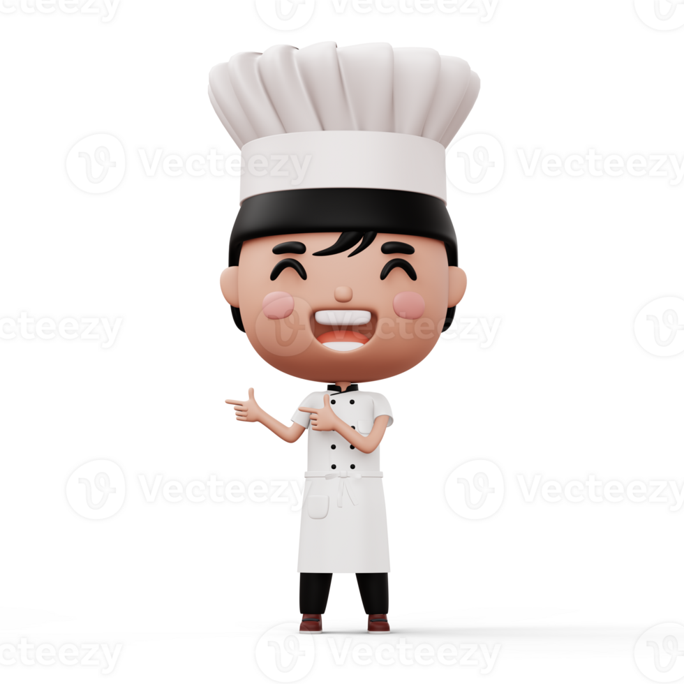 Happy kid chef wearing chef uniform pointing finger, 3d rendering png