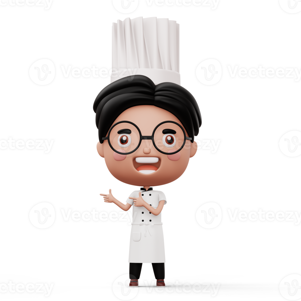 Happy kid chef wearing chef uniform pointing finger, 3d rendering png