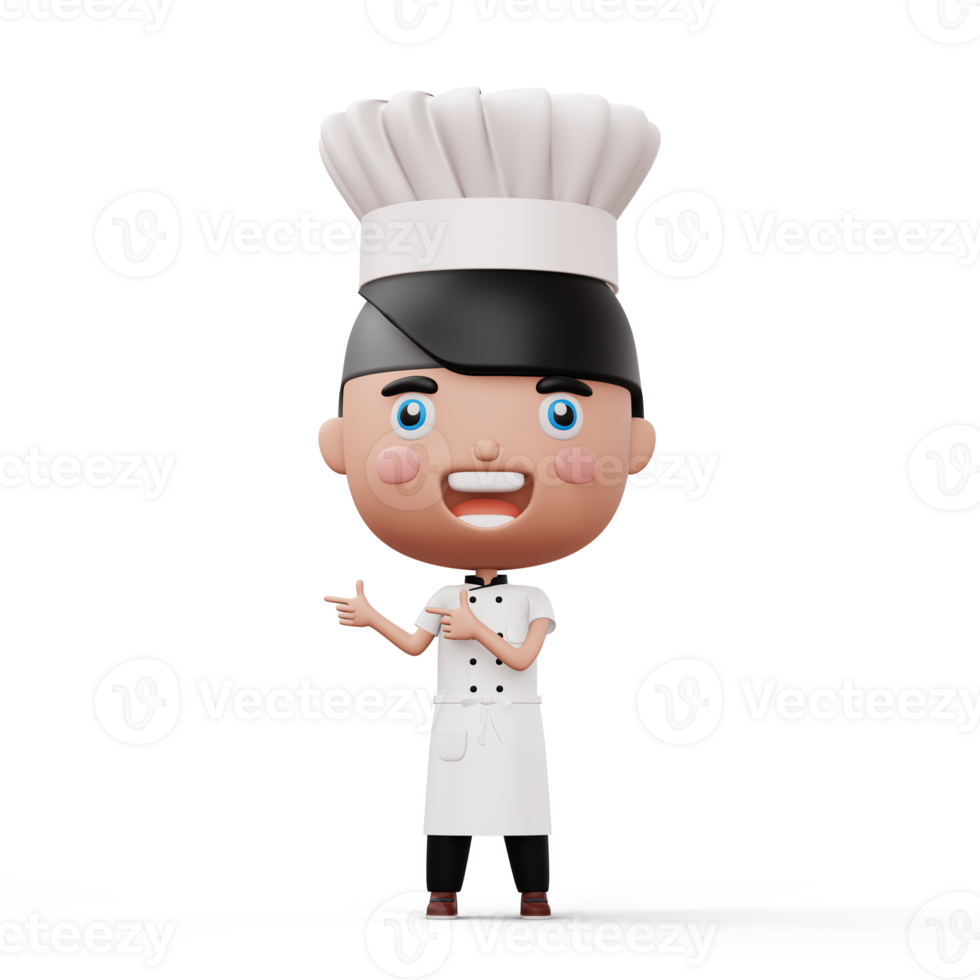 Happy kid chef wearing chef uniform pointing finger, 3d rendering png