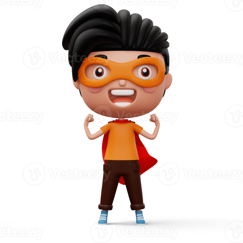 Funny little power superhero child in a hero clothes, hero kid concept, 3d rendering png
