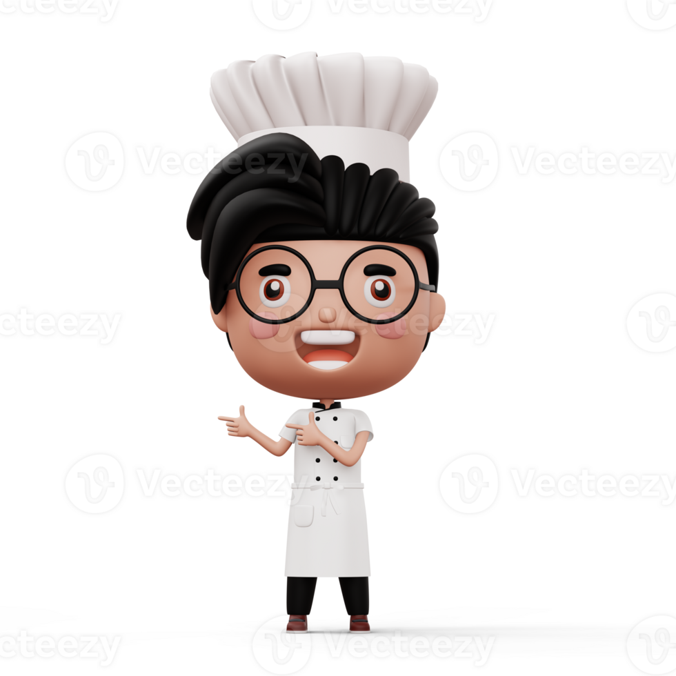 Happy kid chef wearing chef uniform pointing finger, 3d rendering png