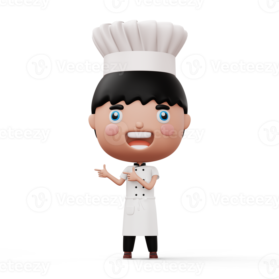 Happy kid chef wearing chef uniform pointing finger, 3d rendering png
