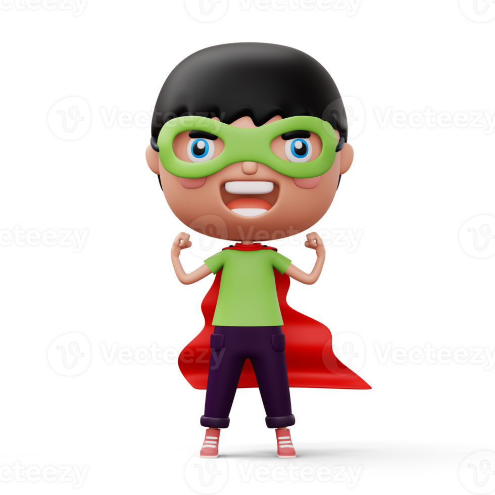 Funny little power superhero child in a hero clothes, hero kid concept, 3d rendering png