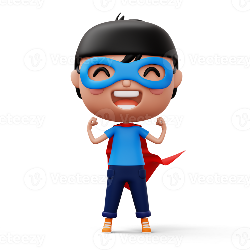 Funny little power superhero child in a hero clothes, hero kid concept, 3d rendering png