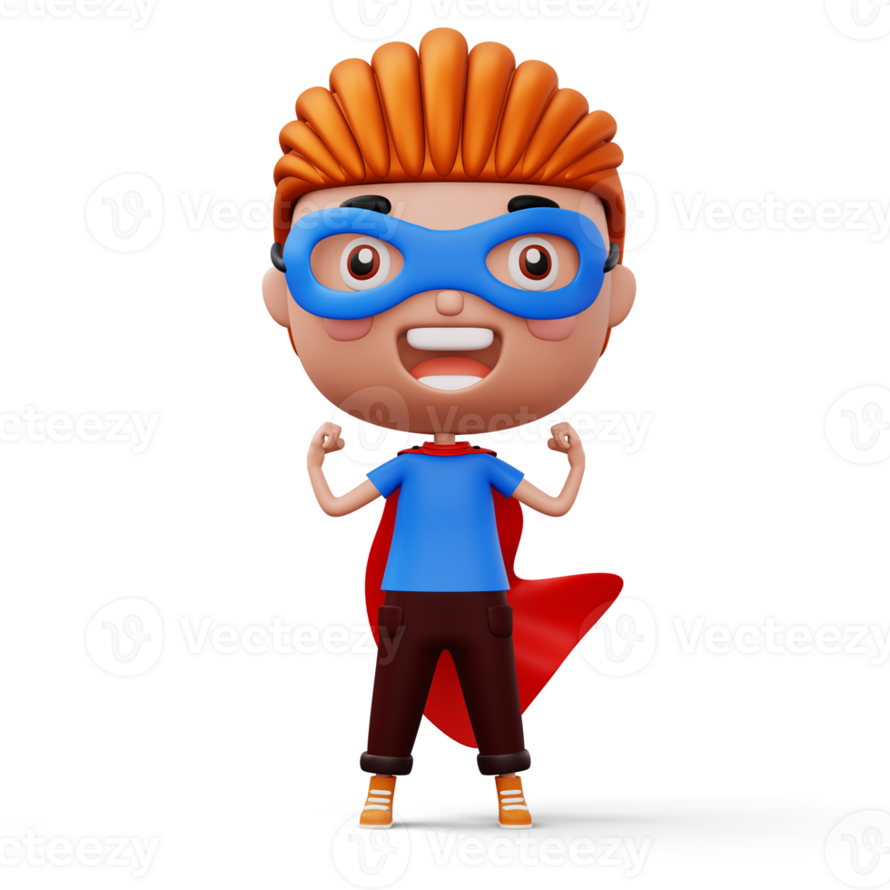Funny little power superhero child in a hero clothes, hero kid concept, 3d rendering png