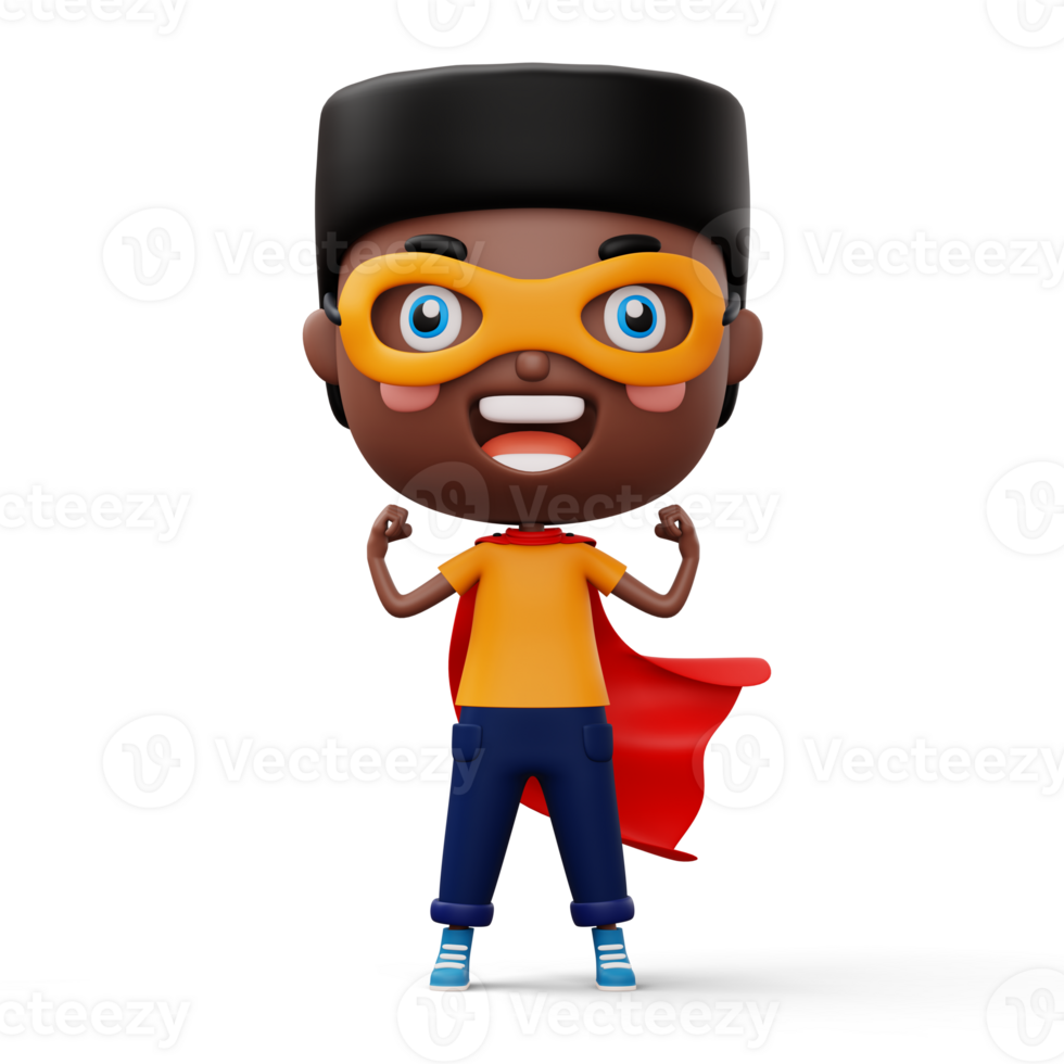 Funny little power superhero child in a hero clothes, hero kid concept, 3d rendering png