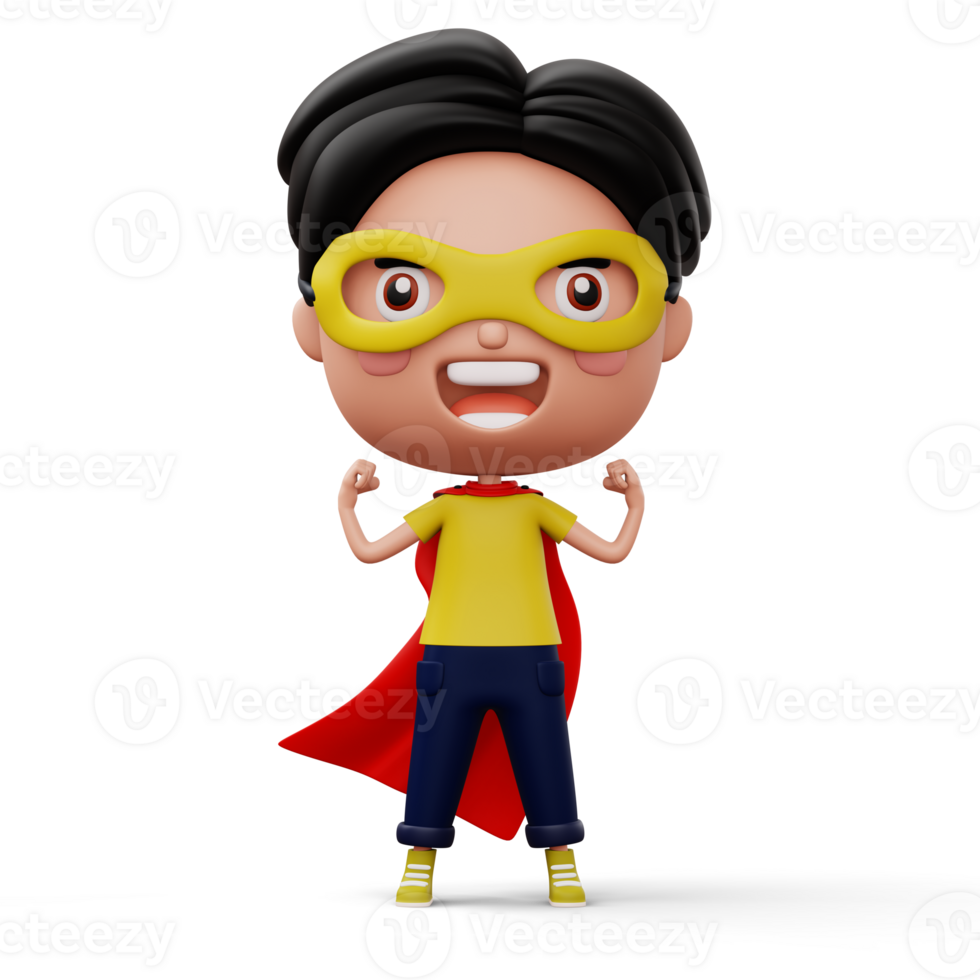 Funny little power superhero child in a hero clothes, hero kid concept, 3d rendering png