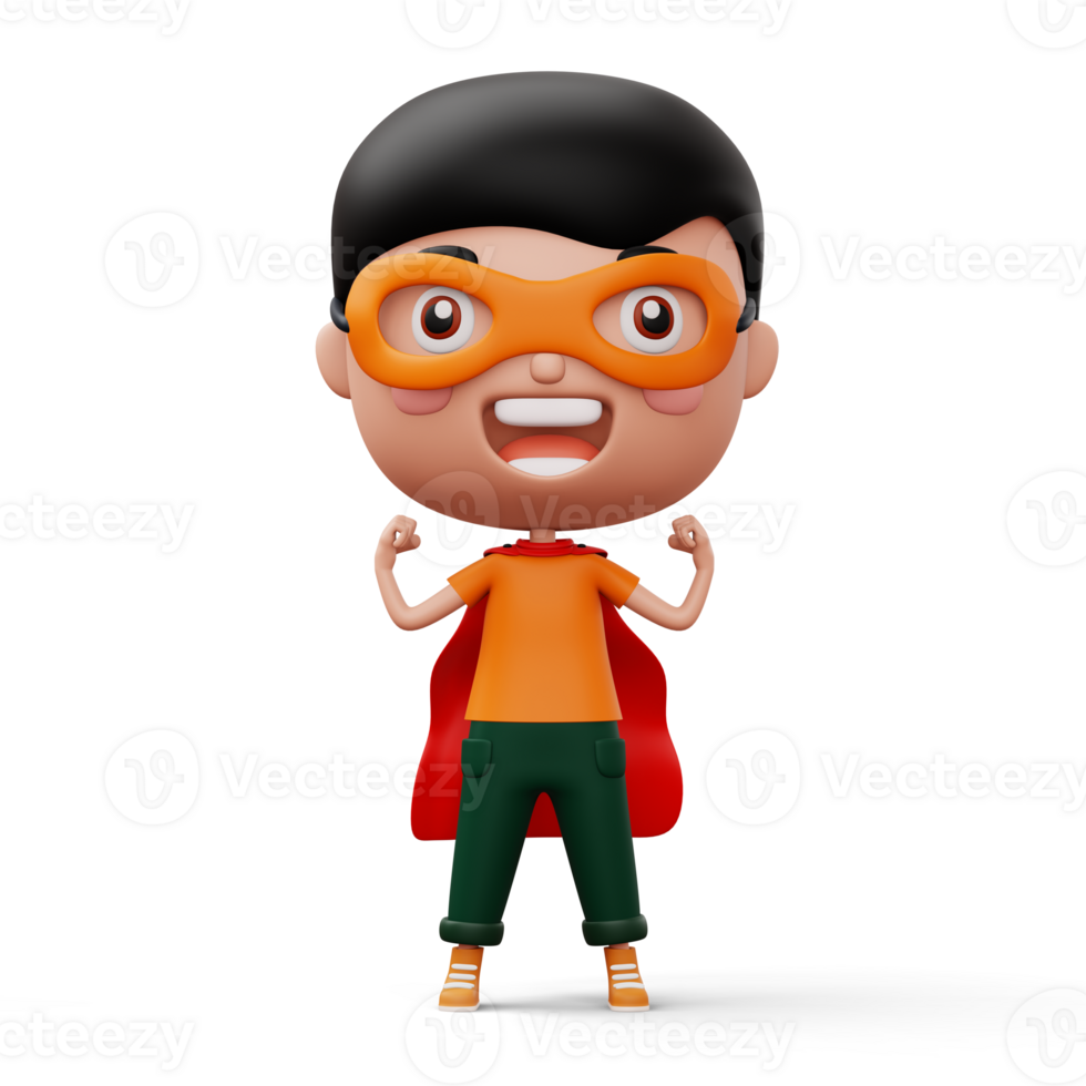 Funny little power superhero child in a hero clothes, hero kid concept, 3d rendering png