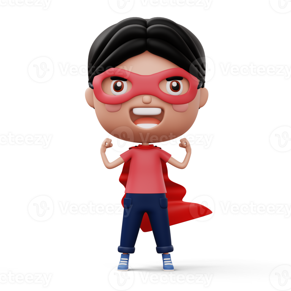 Funny little power superhero child in a hero clothes, hero kid concept, 3d rendering png