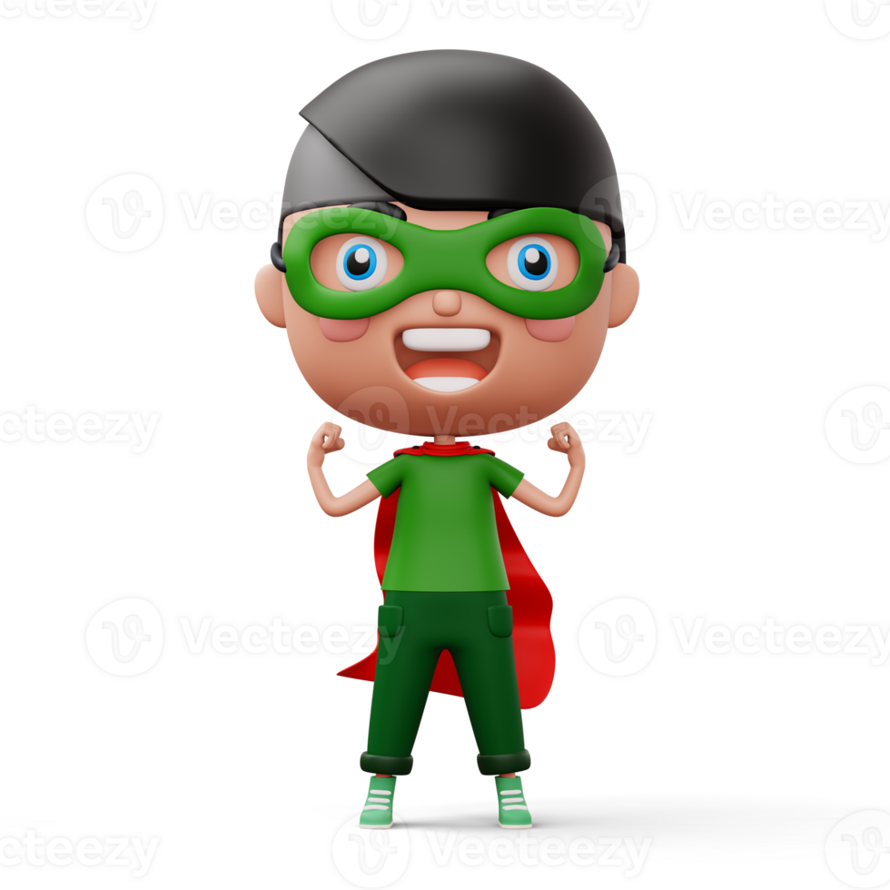 Funny little power superhero child in a hero clothes, hero kid concept, 3d rendering png