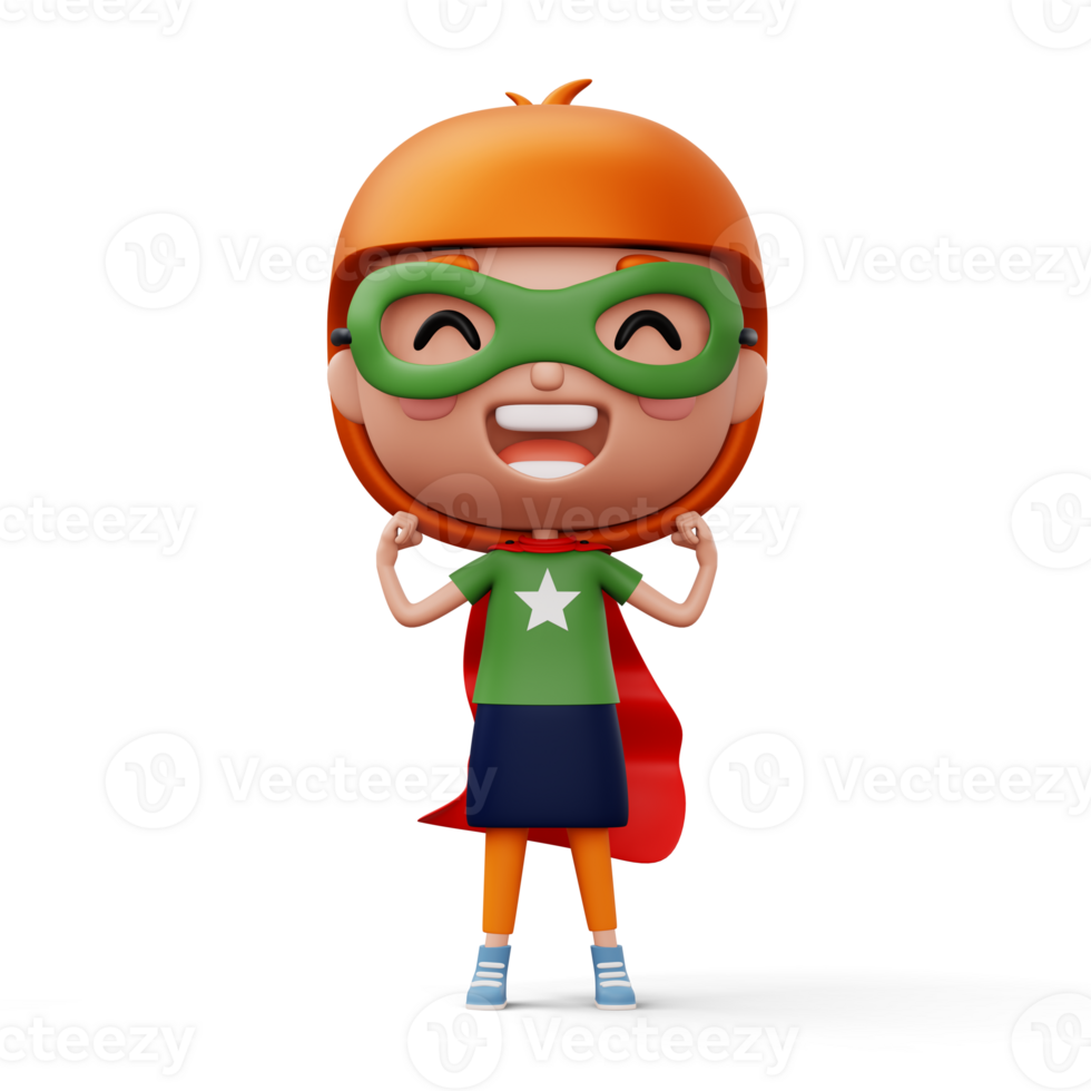 Funny little power superhero child in a hero clothes, hero kid concept, 3d rendering png