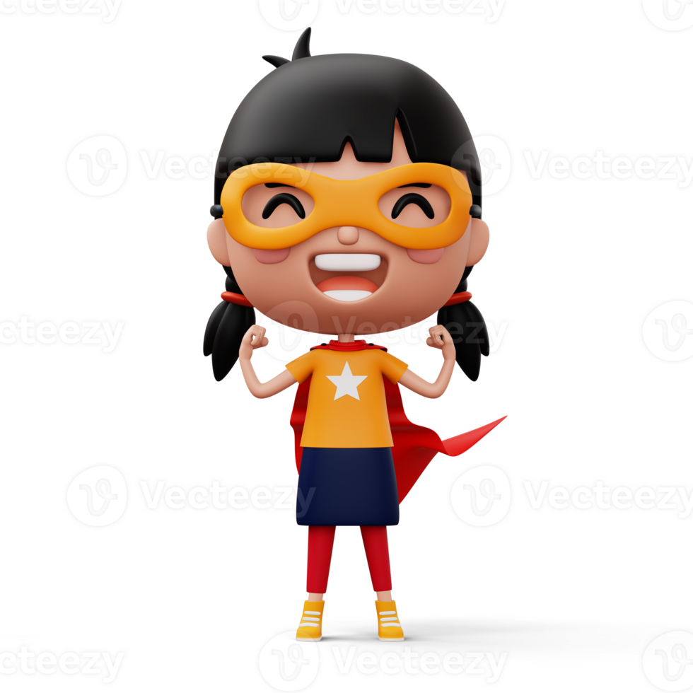 Funny little power superhero child in a hero clothes, hero kid concept, 3d rendering png