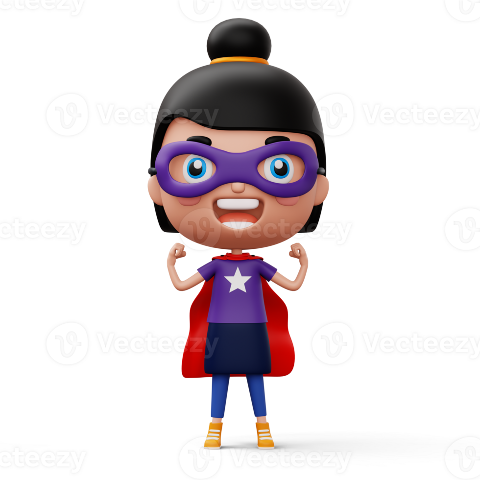Funny little power superhero child in a hero clothes, hero kid concept, 3d rendering png