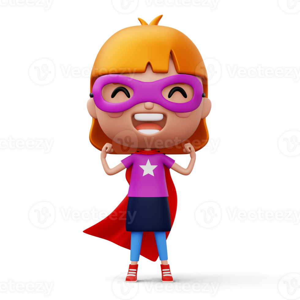 Funny little power superhero child in a hero clothes, hero kid concept, 3d rendering png