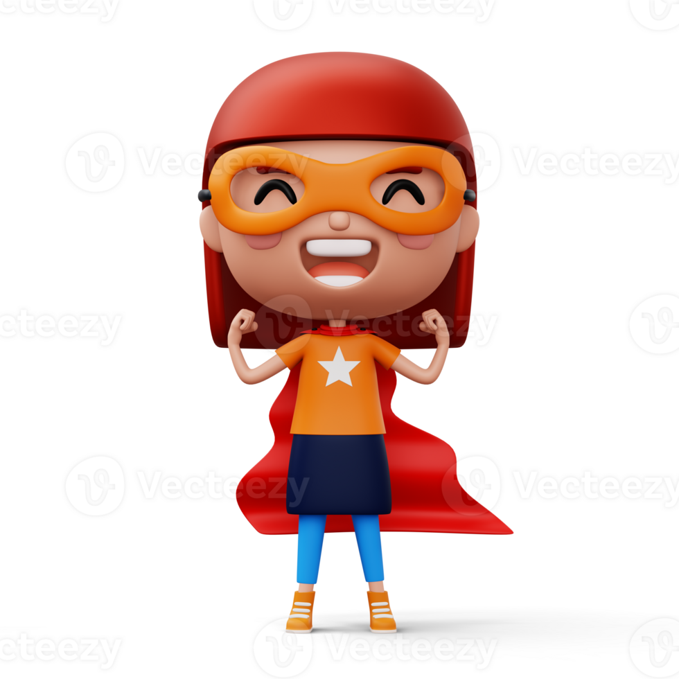 Funny little power superhero child in a hero clothes, hero kid concept, 3d rendering png