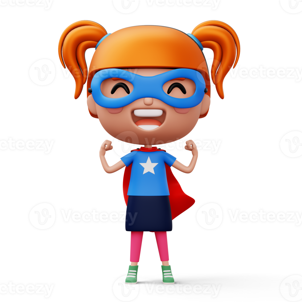 Funny little power superhero child in a hero clothes, hero kid concept, 3d rendering png