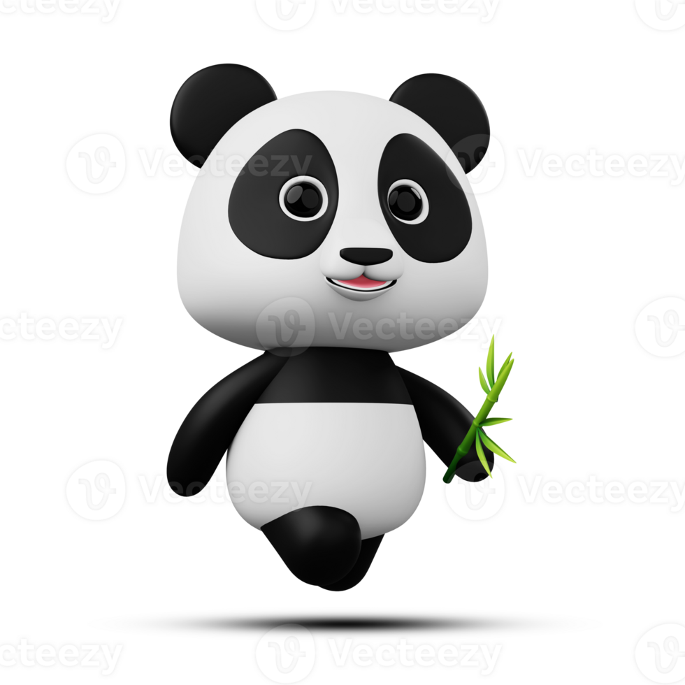 Cute panda character with bamboo, 3d rendering png