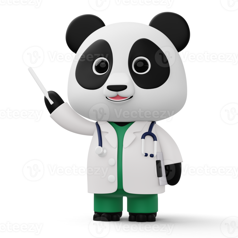 Cute doctor panda, 3d cartoon panda character, 3d rendering png