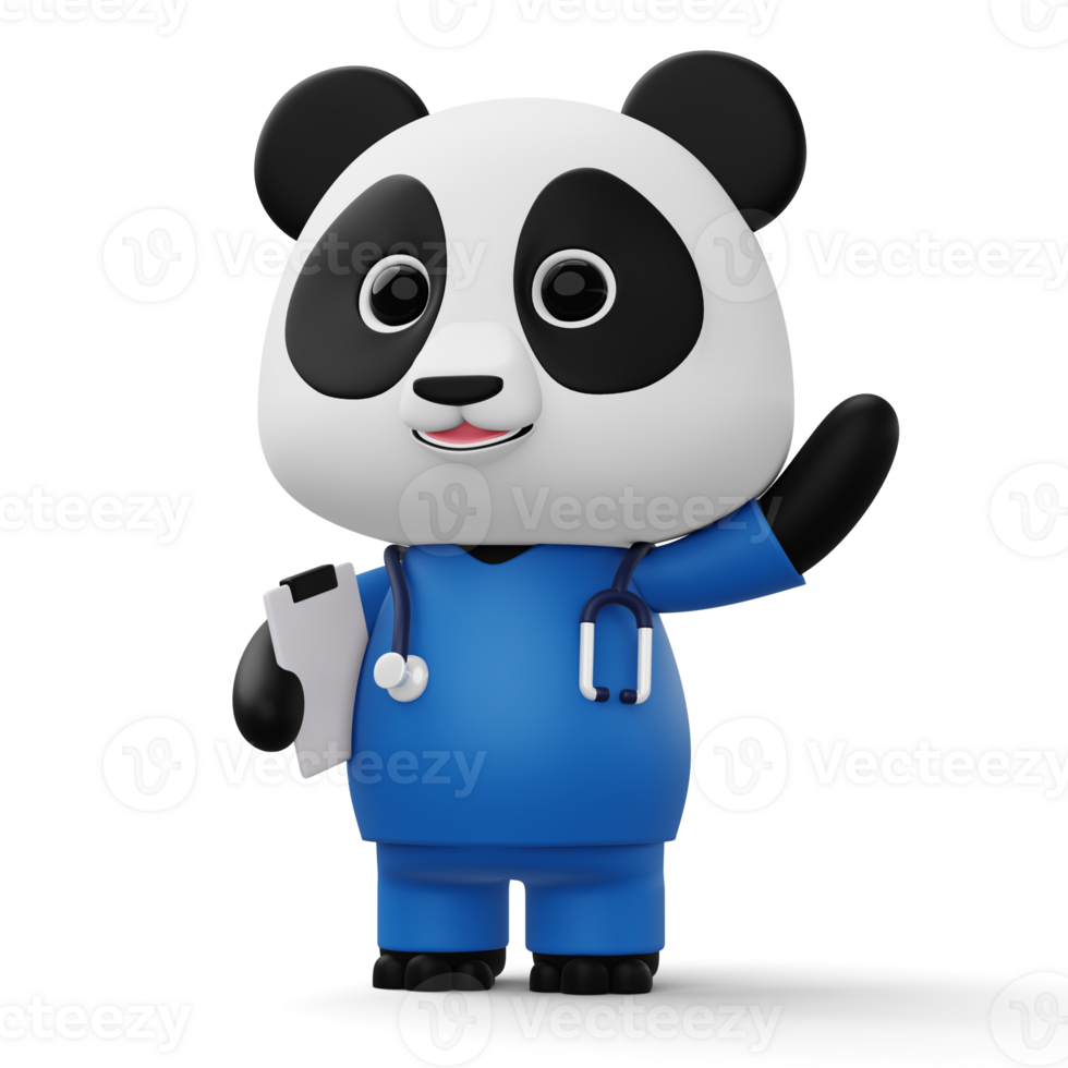 Cute doctor panda, 3d cartoon panda character, 3d rendering png