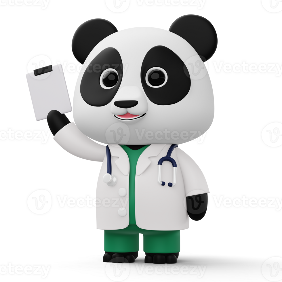 Cute doctor panda, 3d cartoon panda character, 3d rendering png