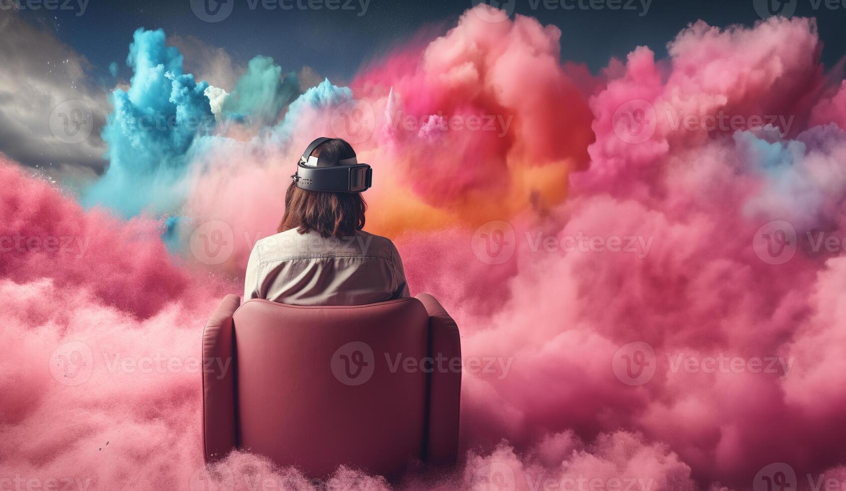 Beautiful happy young woman using virtual reality VR headset in virtual reality glasses, game, future technology concept. . photo