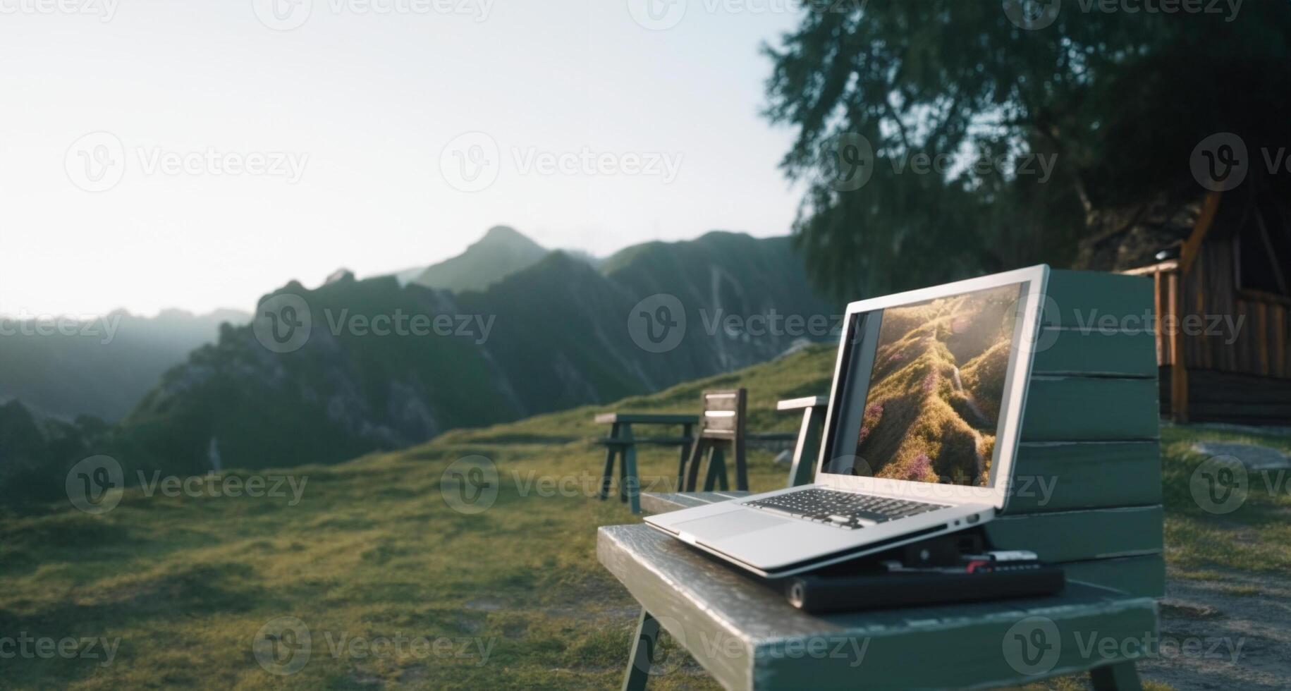 Bank icon. Chained laptop on mountain background. . photo