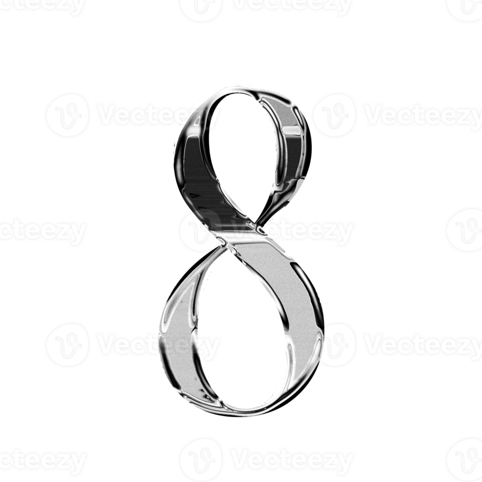 Eight silver metallic luxury chrome alphabet number font png