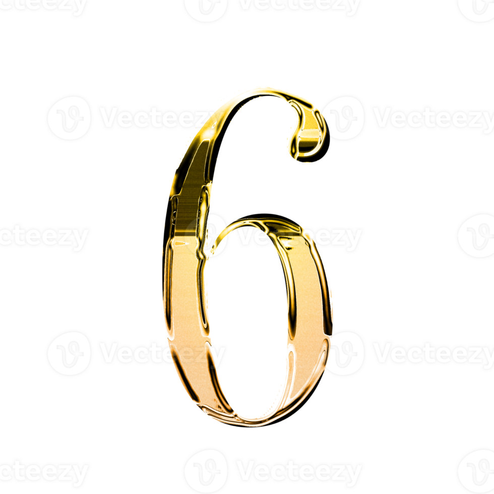Six gold metallic luxury chrome alphabet number font png