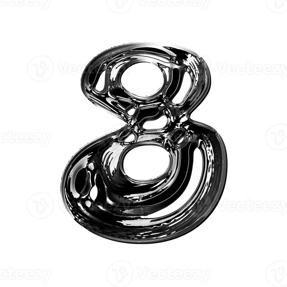 Eight number alphabet with y2k liquid metallic chrome effect png