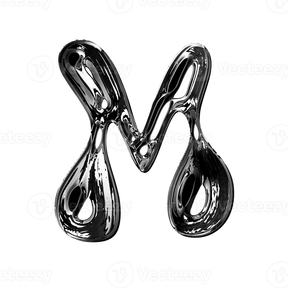 M alphabet with y2k liquid metallic chrome effect png