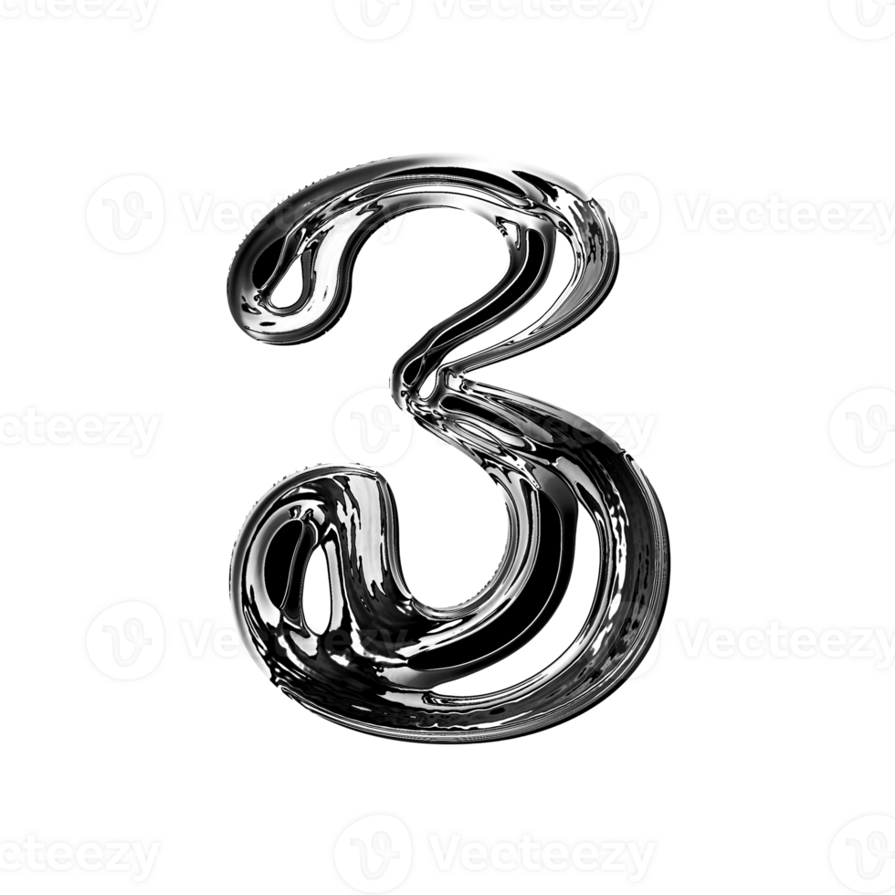 Three number alphabet with y2k liquid metallic chrome effect png