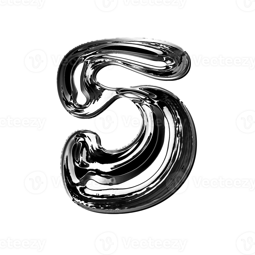 Five number alphabet with y2k liquid metallic chrome effect png