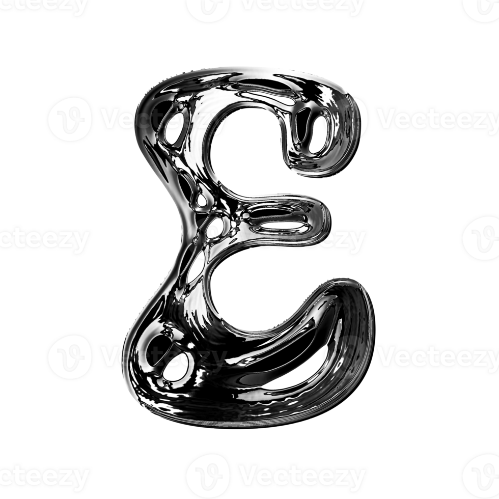E alphabet with y2k liquid metallic chrome effect png