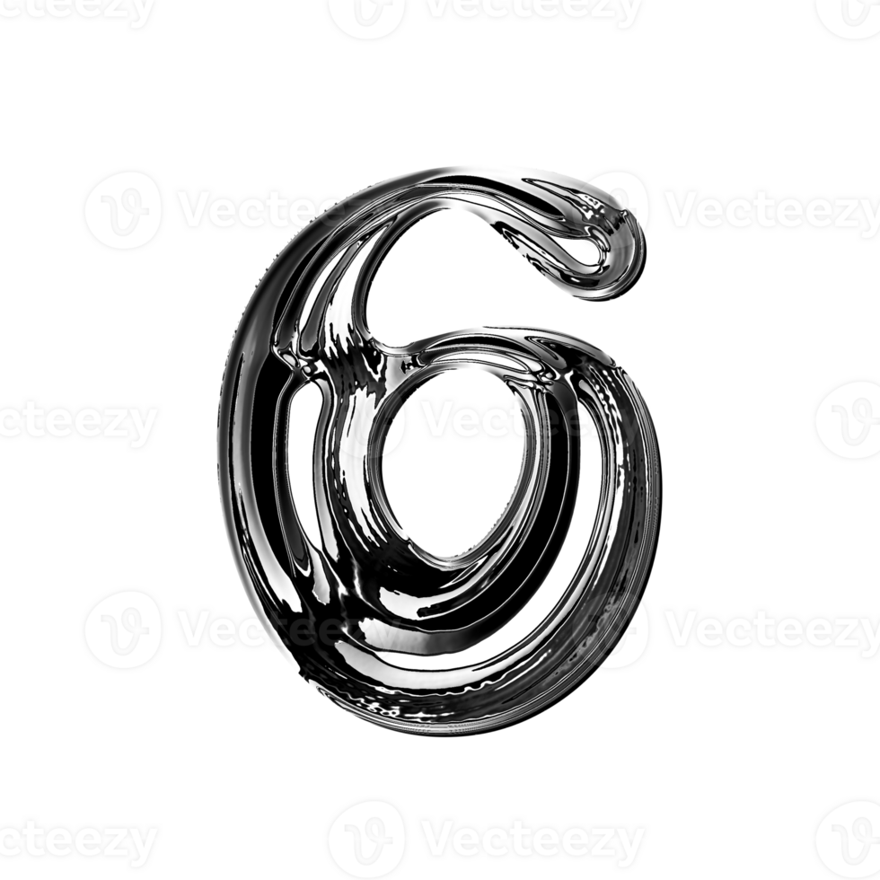 Six number alphabet with y2k liquid metallic chrome effect png
