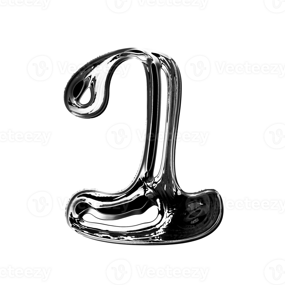 One number alphabet with y2k liquid metallic chrome effect png