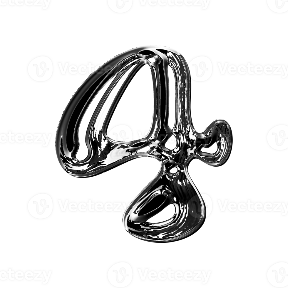 Four number alphabet with y2k liquid metallic chrome effect png
